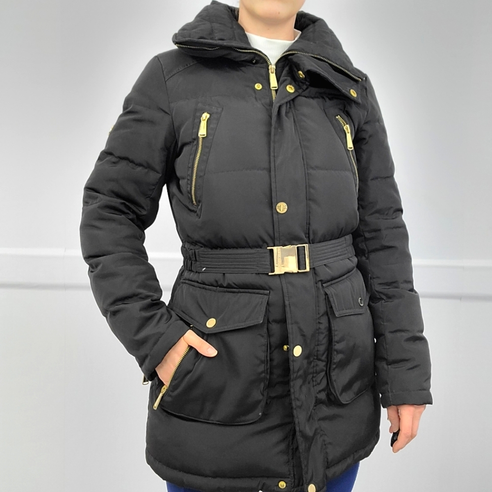 Black Long Puffer Coat from Michael Kors with Gold Accents Belt Pockets Size S